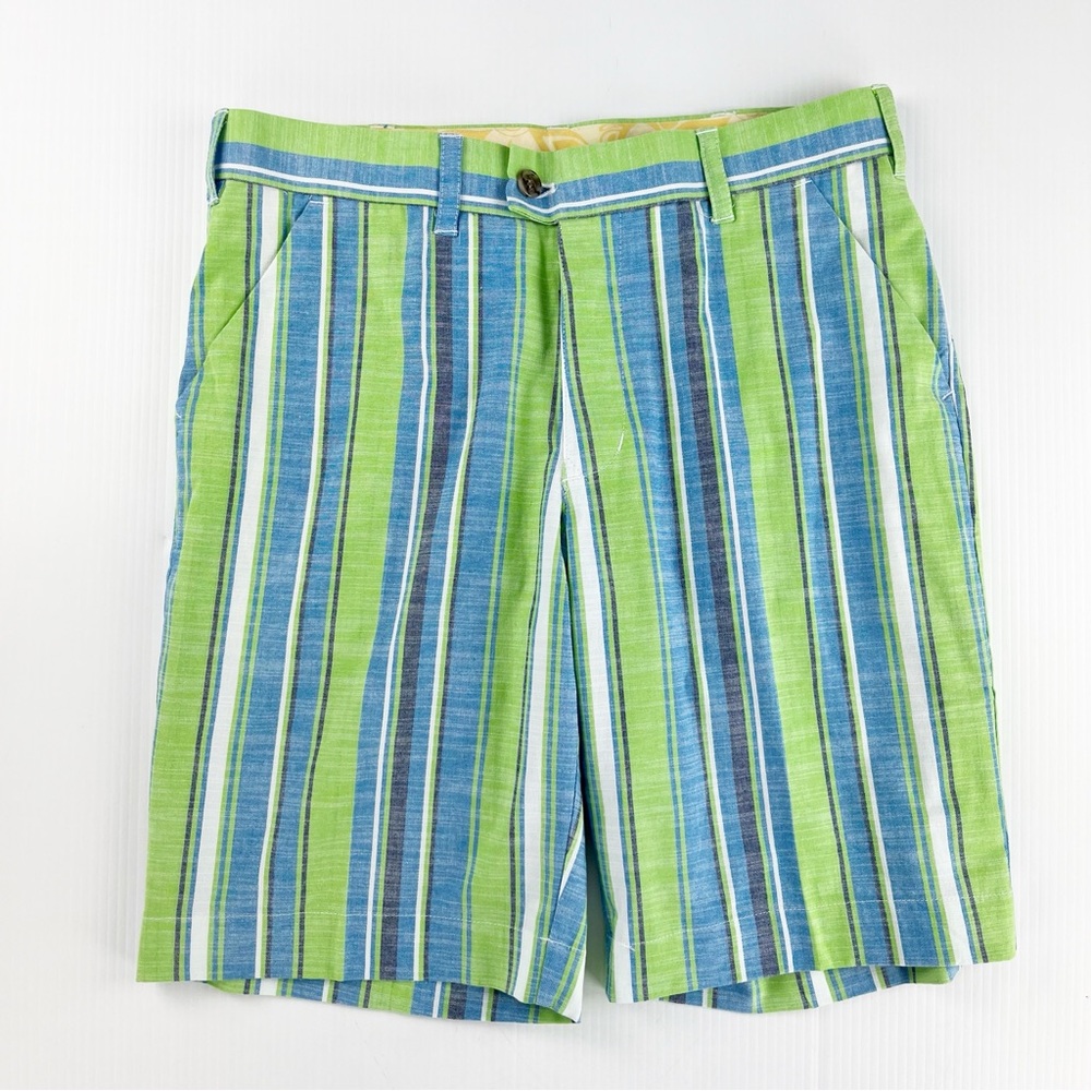 Loudmouth Golf Nassau Cotton Stretch Stripes Green Blue Shorts